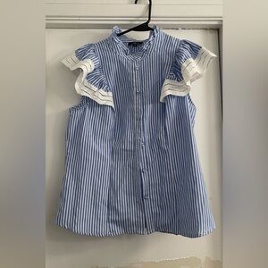 EUC Red Dress Boutique Blue White Stripe Ruffle sleeve blouse - L
